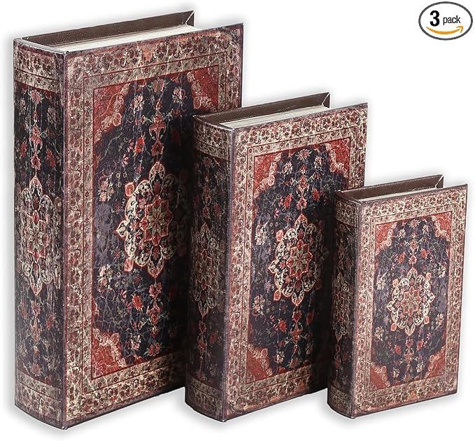 Wooden Book Box Set of 3 with Magnetic Closure and Vintage Persian Rug Pattern Leather Cover Design, Non-Woven Fabric Interior, Decorative Secret Storage for Bookshelves and Home Office