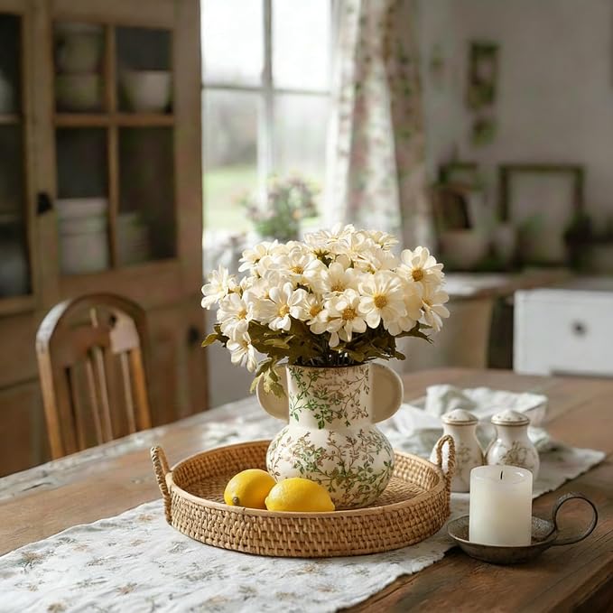 Emotionally Grounded Vase, Vaseking Ceramic Rustic Vase with Handle, 5.63 inch Pastoral Decorative Farmhouse Vases for Home Decor, Living Room, Enterway, Table Decoration, Green and Beige