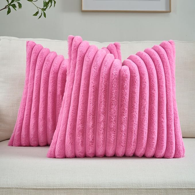 FUTEI Pack of 2 Faux Fur Throw Pillow Covers 24x24 Inch, Hot Pink | Fluffy Faux Rabbit Fur Front/Premium Velvet Back,Hidden Zipper,Machine Washable,Non-Shedding,Colorfast,Insert Not Included.