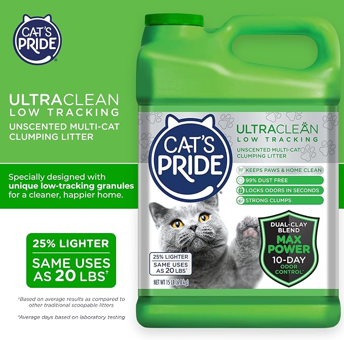 Cat's Pride Max Power: UltraClean Low Tracking Multi-Cat Clumping Litter - Keeps Paws & Home Clean - Up to 10 Days of Powerful Odor Control - 99% Dust Free - Unscented,15 Pounds,(Pack of 2)
