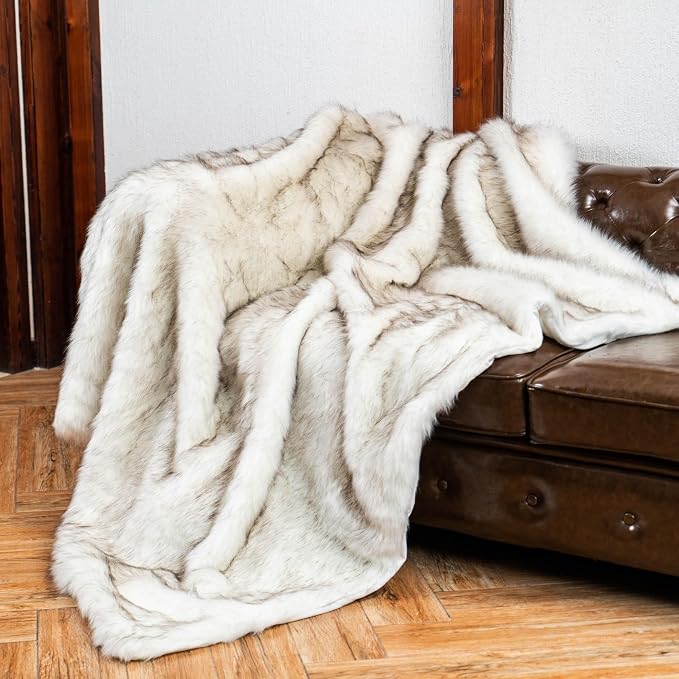 BATTILO Luxury White Faux Fur Throw Blanket for Couch, 50"x60", Tip-Dyed | Fuzzy Fluffy Elegant Cozy Blanket, Super Warm Plush Heavy Thick Faux Fur Blanket for Bed, Living Room