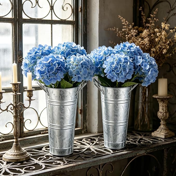 8 Pack Galvanized Metal Flower Buckets, 10 Inch French Country Style Decor Planter Rustic Vintage Tin Vase with Handle Farmhouse Style Floral Container Wedding Table