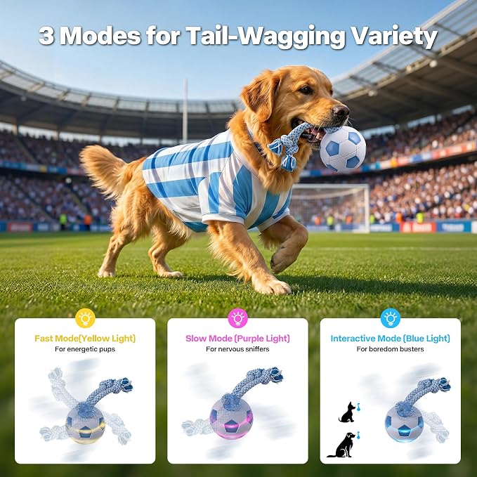 Pet Prime Interactive Dog Ball Toy with Rope,Rechargeable Automatic Rolling Ball with Motion Activated,3 Play Modes for Medium/Large Dogs, Self-Moving Toy to Keep Pets Busy and Entertained