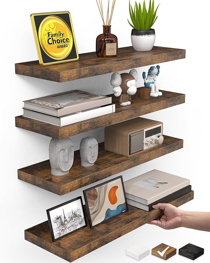 BAYKA Rustic Brown Floating Shelves 15.7in, Set of 4, Wall Mount Wood Shelf | Easy Install, 22lbs Max Load, Hidden Bracket, Hanging Shelf for Books Storage/Room Decor, Multi-Wall Compatible