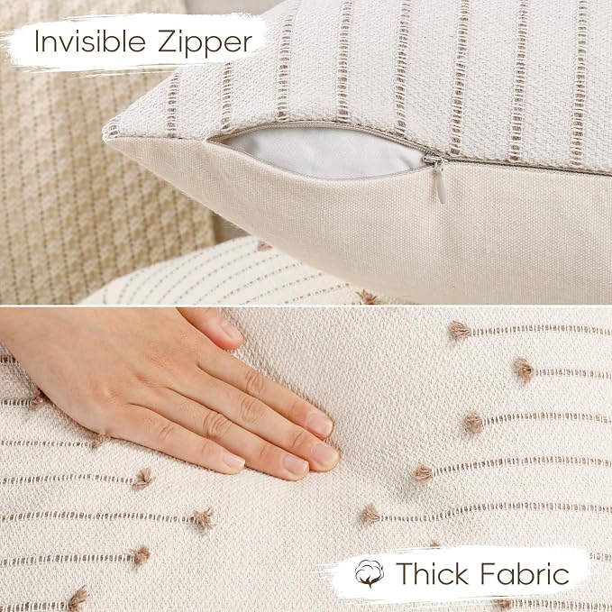 YCOLL Boho Outdoor Throw Pillow Covers 20x20 Set of 2 Neutral Woven Decorative Pillowcases Cotton Tufted Couch Pillows Modern Farmhouse Cushion Covers for Sofa Couch Bed Living Room Home Decor, Khaki