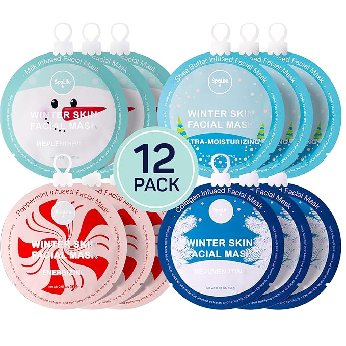 SpaLife Beauty Winter Skin Christmas Face Mask Bundle | Korean Facial Masks | Hydrating, Moisturizing and Firming Sheet Mask Set | Christmas Gifts for Women | 12 Pack