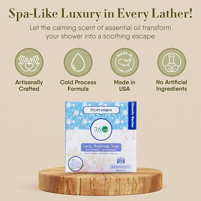 360Feel Hydrangea Soap - Made in the USA - Castile Handmade All Natural Cold Processed - Infused with Hydrangea Scent for Gentle Cleanse & Rich Moisturizing Lather (5 oz)