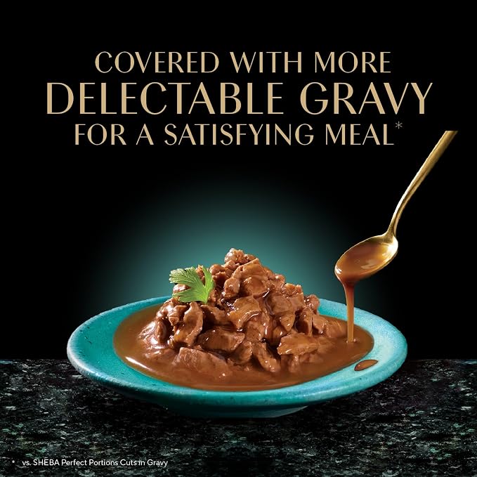 Sheba Gravy Indulgence Wet Cat Food, Beef Entree, 2.6 oz, 24 Count | Grain-free, 70% gravy, real beef cuts, no fillers or artificial flavors, complete & balanced all life stages, twin-pack trays
