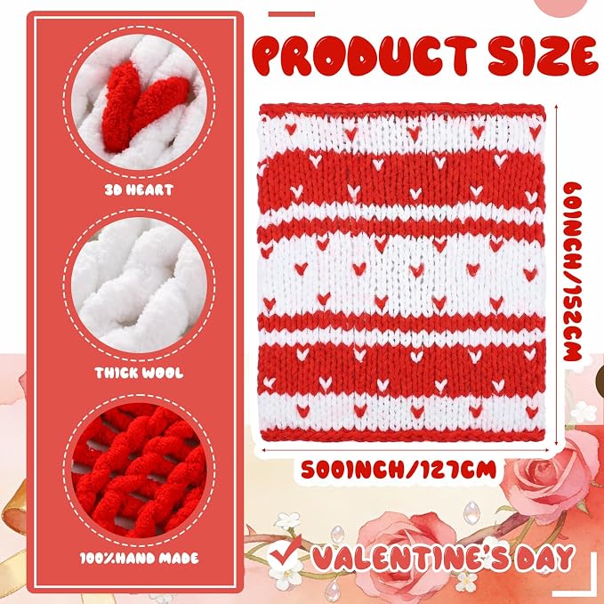 Valentine's Day Heart Chunky Knit Throw Blanket 50" x 60",Red | Large Handmade Chenille Loop Yarn Fluffy, Soft Knitted Throw, Big Cozy Thick Cable Knit Crochet Blanket, for Couch Sofa Bed
