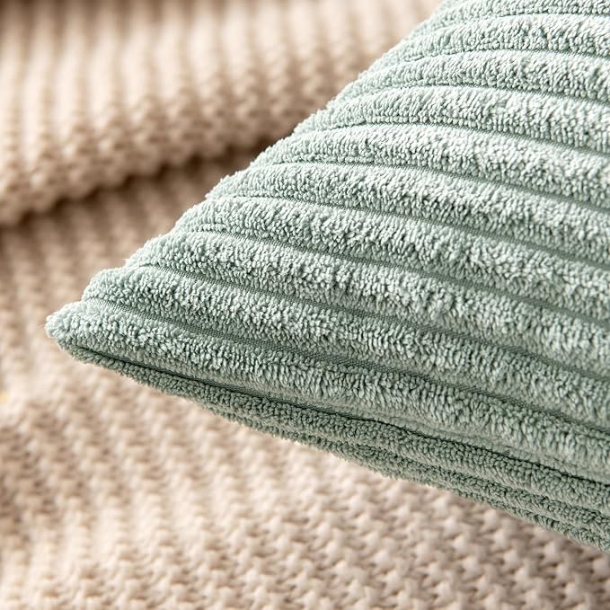 MIULEE Soft Corduroy Throw Pillow Covers Set of 2 18x18 Greyish Green | Decorative Striped Textured Cushion Cases, Boho Natural Greenery Pillowcases, Home Decor for Couch Chair Sofa Living Room