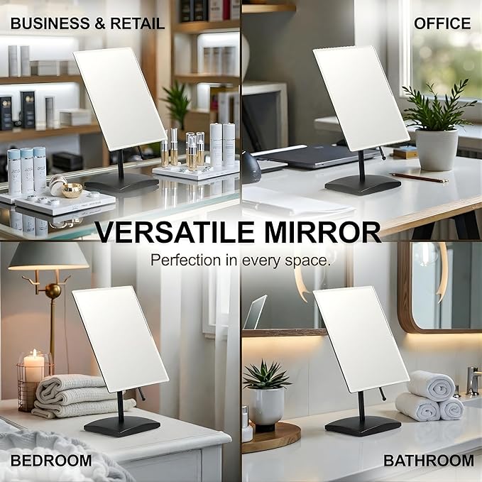 MIRRORVANA Large Table Desk Mirror with Stand for Office Desktop, Makeup Vanity and Bathroom Countertop - Personal Adjustable Face Mirror - 9.8" x 7" (Black)