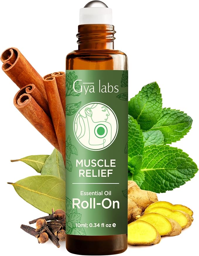 Calming Oil for Body (200ml) & Muscle Relief Essential Oil Roll On (10ml) Set - Aromatherapy Grade Essential Oils Set - Gya Labs