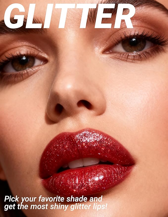 Erinde Glitter Shimmer Lip Gloss, Hydrating High-Shine Glimmer Finish & Sheer Wash Of Color Lip Oil, Non-Sticky, Moisturizing Lip Makeup, Bling Sparkle Lip Gloss Lipstick, Vegan & Cruelty-Free, 08