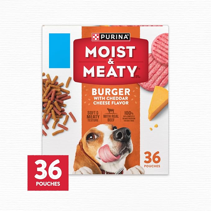 Purina Moist & Meaty Soft Dog Food Pouches, 36 ct | Burger With Cheddar Cheese Flavor adult dog food, made with real beef, individual pouches, no-mess meal or tasty treat