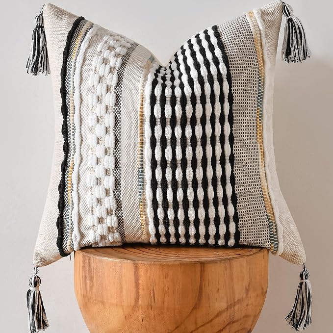 Chenille Striped Textured Boho Throw Pillow Covers Aesthetic with Tassels Woven Decorative Pillow Case for Couch Bed Sofa Bedroom Modern Funky 18 x 18-Inch Black