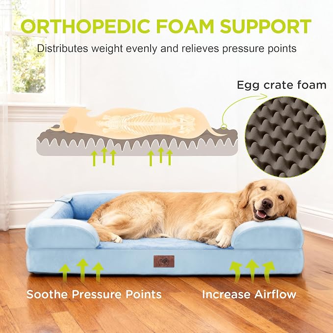 Waterproof Orthopedic Dog Bed for Extra Large Sized Dogs | Memory Foam Pet Bed Sofa with Bolster, Dog Couch with Washable Cover & Non-Slip Bottom, 45x35 Inch, Light Blue