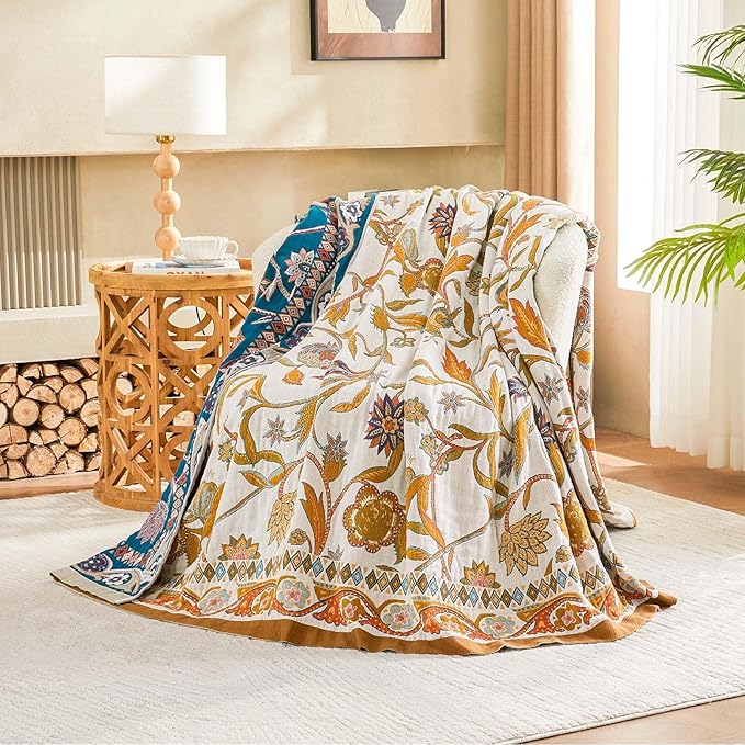 XIBLC Fall Throw Blanket for Couch, Brown Boho Decorative Throw Blanket, 100% Cotton Muslin Breathable Woven Farmhouse Blankets Quilt, 60"x80" Reversible Lightweight Blankets Bohemian Throw Quilt
