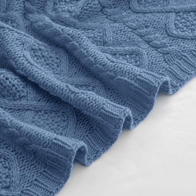 Homiest Dusty Blue Cable Knit Throw Blanket 60x80 Inch, Diamond Texture | Pure Acrylic, Lightweight & Breathable, All-Season Use, Machine Washable, Wrinkle & Fade Resistant, for Couch Bed And Sofa