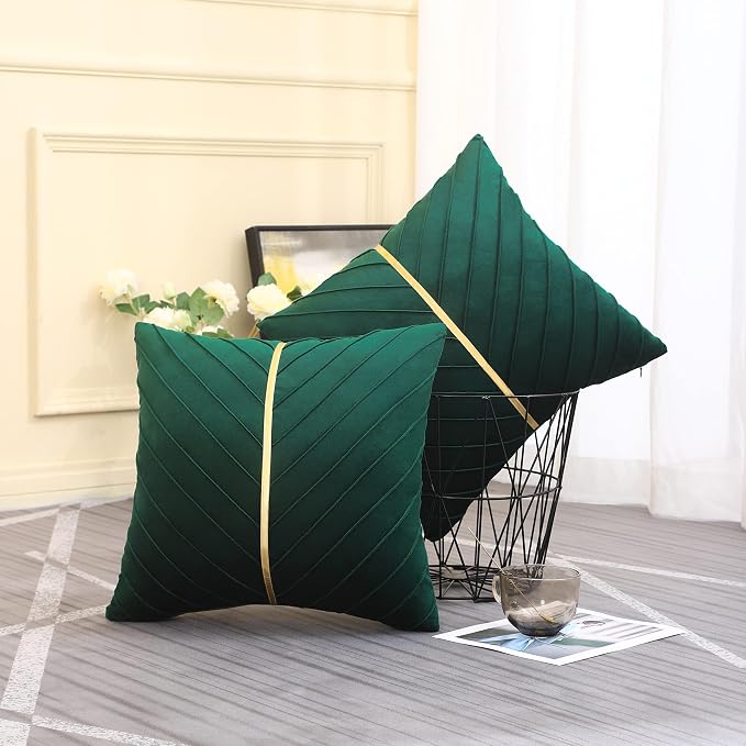 Velvet Throw Pillow Covers 16x16 Pack of 2 Gold Decor Dark Green | Soft Solid Pillow Covers,Modern Luxury Xmas Decor,for Couch Chair Sofa Bedroom Livingroom,Hidden Zipper,Ideal Gift,Easy Care