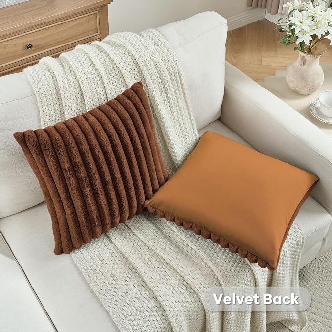 FUTEI Pack of 2 Faux Fur Throw Pillow Covers 24x24 Inch, Rust | Fluffy Faux Rabbit Fur Front/Premium Velvet Back,Hidden Zipper,Machine Washable,Non-Shedding,Colorfast,Insert Not Included.