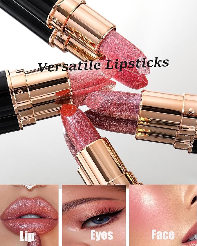 Rose Pink Metallic Glitter Lipstick Long Lasting,Diamond Nude Shimmer Lip Gloss High Pigment Lip Red Color Matte Lip Stick for Women,Sparkling Shiny Transfer Proof Non Stick Tinted Lip Balm Makeup-03