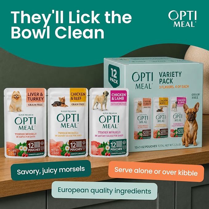 Optimeal Wet Dog Food Small Breed Variety Pack - Grain Free Recipe High Protein Tender Morsels in Aspic Made with Natural Ingredients for Adult Dogs, Premium Nutrition Pouches - 3oz Pouch (Pack of 12)