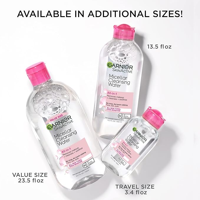 Garnier Micellar Cleansing Water, All-in-1 Makeup Remover and Facial Cleanser, For All Skin Types, 3.4 Fl Oz (100mL), 1 Count (Packaging May Vary)