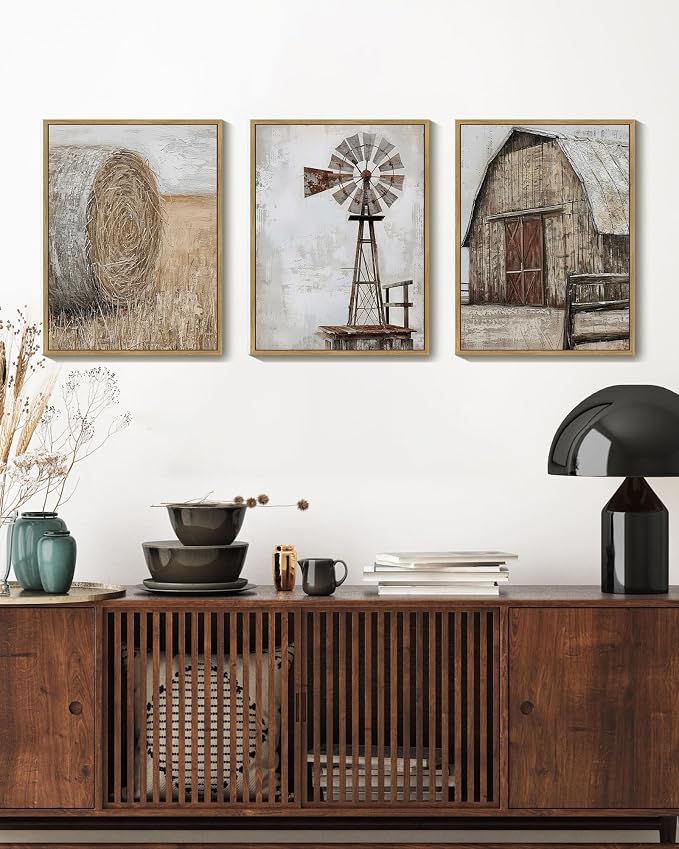Drsoum Farmhouse Wall Art Vintage Rustic Windmill Barn Cornfield Pictures Framed Painting Landscape Countryside Rural Canvas Artwork Home Decor Ready to Hang 11x14in - Natural Framed
