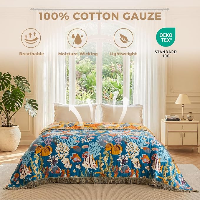 LUTBM Boho Throw Blanket for Couch 50"x60", Cotton Decorative Bed Throw | Underwater Ocean Life Jacquard, All-Season Muslin Blankets, For Chair Sofa Living Room Decor, Lightweight & Breathable Gauze