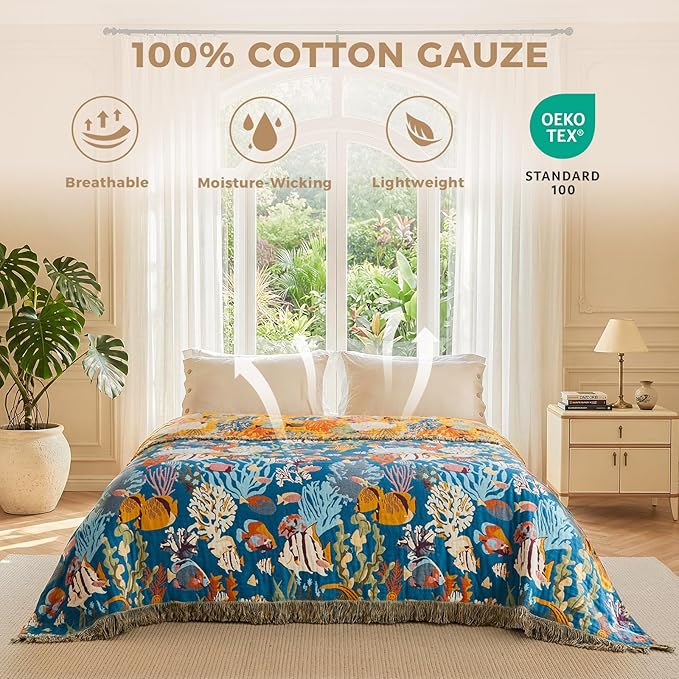 LUTBM Boho Throw Blanket for Bed 60"x80", All Season Cotton Couch Blankets | Underwater Ocean Life Jacquard, Twin Quilt, For Chair Sofa Bedroom Living Room, Lightweight & Breathable Gauze, Home Decor