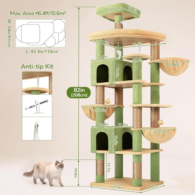 Globlazer Extra Large Cactus Cat Tree Tower, 82in Tall Heavy Duty Cat Tree for Indoor Cats Large Adult Big Cat Tower with 8 Scratching Posts, 2 Cat Condos, 2 Top Perches, 3 Hanging Baskets, S82, Green