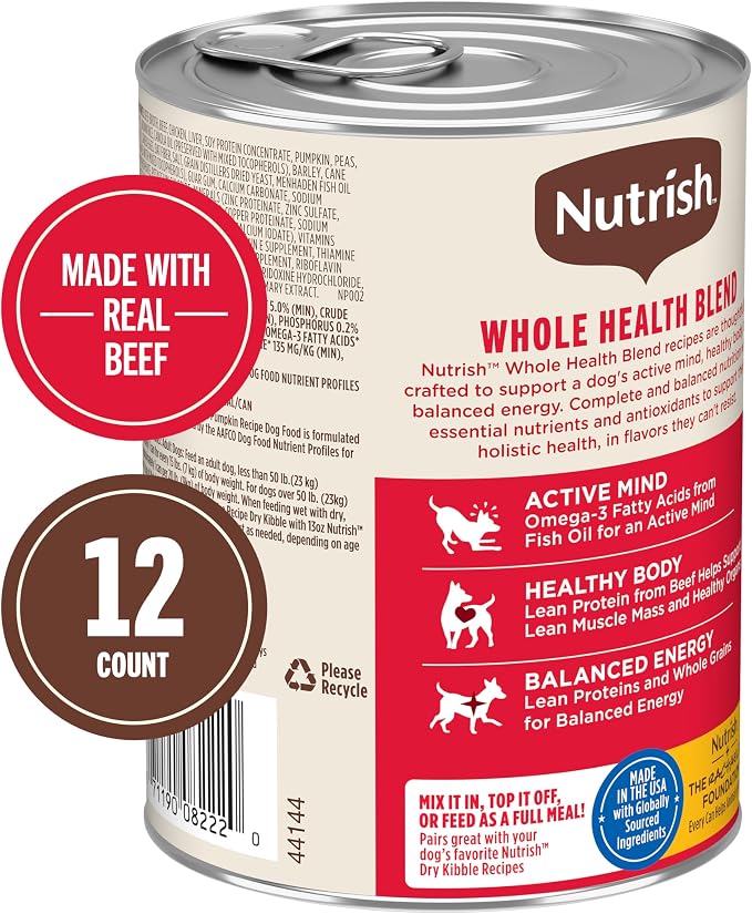 Nutrish Beef Wet Dog Food Chunks in Gravy, 13 oz. Can (Rachael Ray) | No Poultry By-Product Meal, Artificial Preservatives or Flavors, No Added Corn or Wheat Ingredients (Pack of 12)