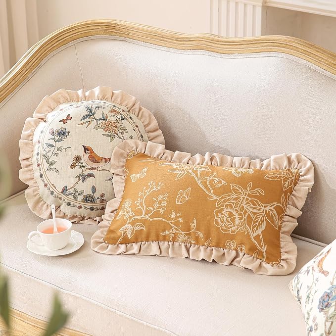 Vintage Linen Throw Pillow Cover,Set of 2,Diameter 16"-Cornucopia A | Designer Elegant French Round Pillow Cover,Concealed Zipper Design,Floral Pattern,Sofas,Bedroom,Living Room,Lounge Chairs