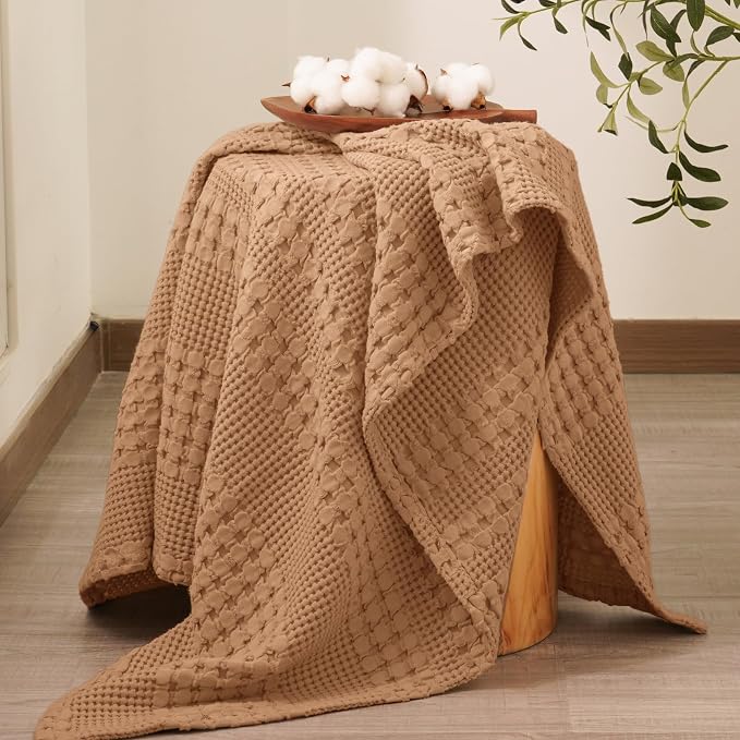 PHF 100% Cotton Waffle Weave Throw Blanket, Lightweight Breathable Summer Blanket for Couch Sofa, Pre-Washed Soft Throws for Bed, Office, Travel & Stylish Home Decor, 50"x60", Clay