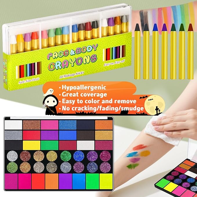 Face Painting kit for Kids Aldult, 42 Colors Non Toxic Face Paint with 16 Face Paint Crayons, 6 Reusable Face Painting Stencils, 60 Sticky Stencils for Kids, 4 Stickers, for Parties, Halloween