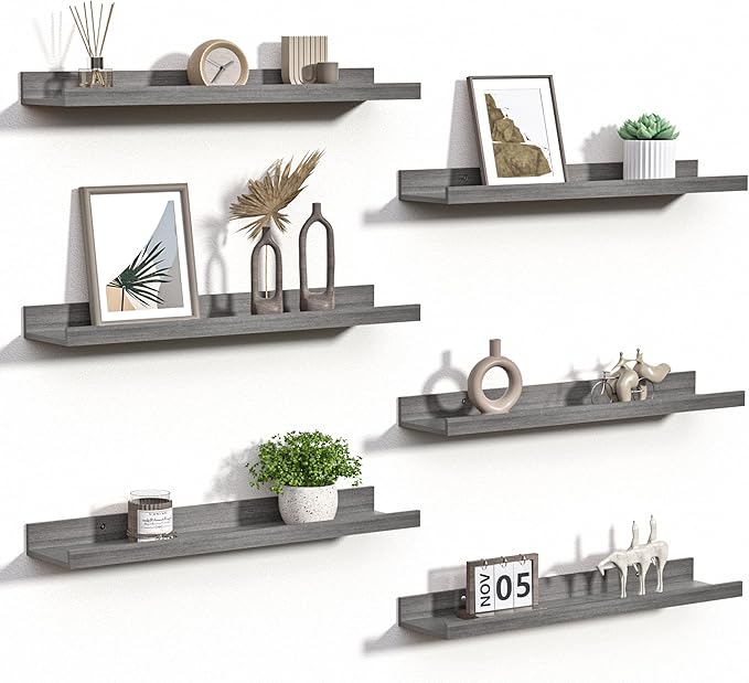 upsimples Floating Shelves for Wall Decor and Storage, Grey, 6Pcs 23.6'' | Wall Mounted Wood Shelves for Living Room, Bedroom, Bathroom, Kitchen, Office, Nursery Room, Coffee Bar Display and Organize