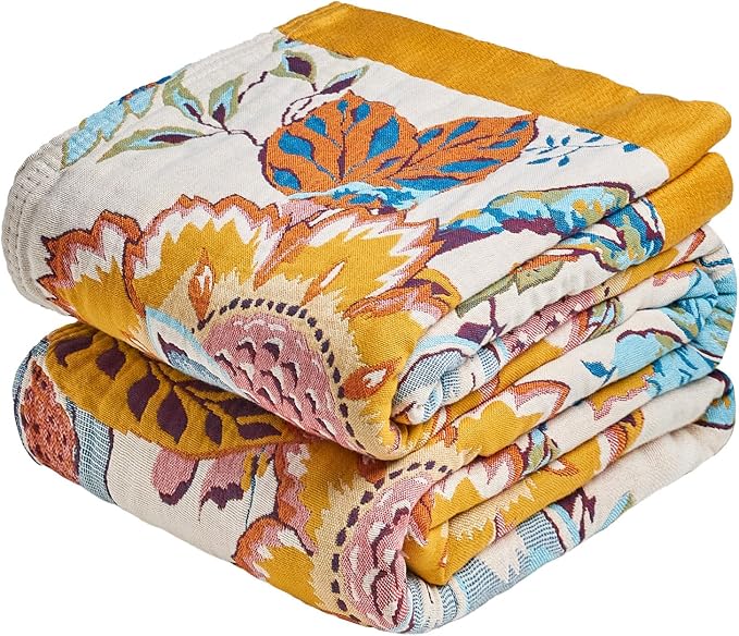 MSGKV Boho Throw Blanket 60"x80" Summer Cotton Floral Blanket for Couch Bed | Muslin Throw, Floral Pattern, Reversible Woven, Twin Size Blanket, Lightweight Comfort, Farmhouse Decor, Machine Washable