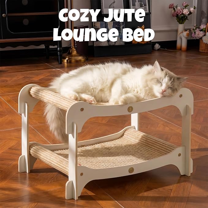Cat Lounger, 2-Tier Wood Bed & Scratcher, Double Layer Cat Hammock Bunk Bed for Indoor Large Cats, Heavy Duty Multi-Cat Lounge Chair Furniture with Durable Jute Pads