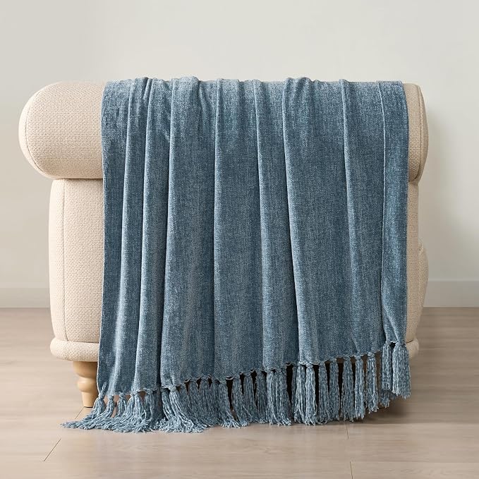 Chenille Knit Throw Blanket for Couch, 60"x80", Cloud Blue | Cozy Plush Fuzzy Knittd Throw with Tassels, Lightweight, Decorative, Farmhouse Decor, Ideal for Bed Sofa Gift, All Seasons