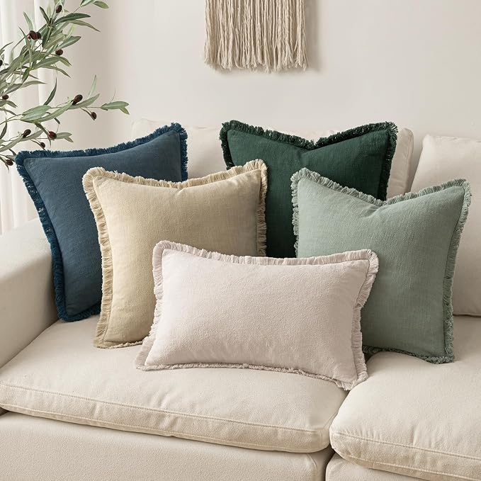 MIULEE Boho Linen Fringe Decorative Throw Pillow Covers Beige 16x16 | Set of 2, Cottagecore Decor, Boho Farmhouse Neutral Pillow Covers, Rustic Couch Cushion Cases for Sofa Bed Living Room