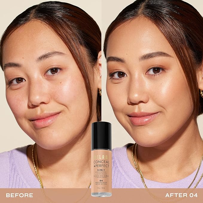 Milani Conceal + Perfect 2-in-1 Foundation + Concealer for a Flawless Complexion, Under Eye Corrector, Cover Redness and Imperfections, Waterproof and Sweatproof - Medium Beige