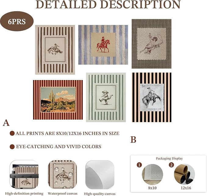 ZHARGL Vintage Western Posters Wall Art Set of 6, Striped Cowboy Canvas Wall Decor Paintings, Boho Farmhouse Southwest Prints Pictures for Living Room Bedroom Bathroom 12x16 Inch Unframed