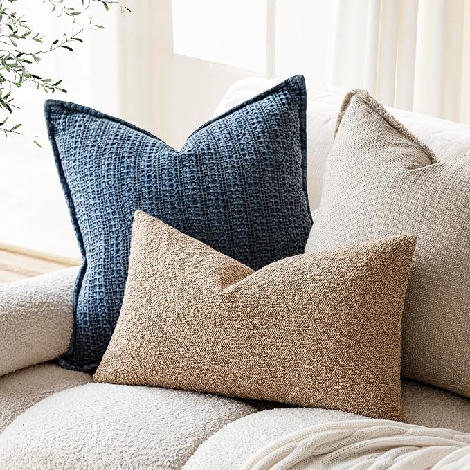 Foindtower Pack of 2 Textured Boucle Throw Pillow Covers Accent Solid Lumbar Pillow Cases Cozy Soft Decorative Couch Cushion Case for Chair Sofa Bedroom Living Room Home Decor, 12 x 20 Inch,Camel