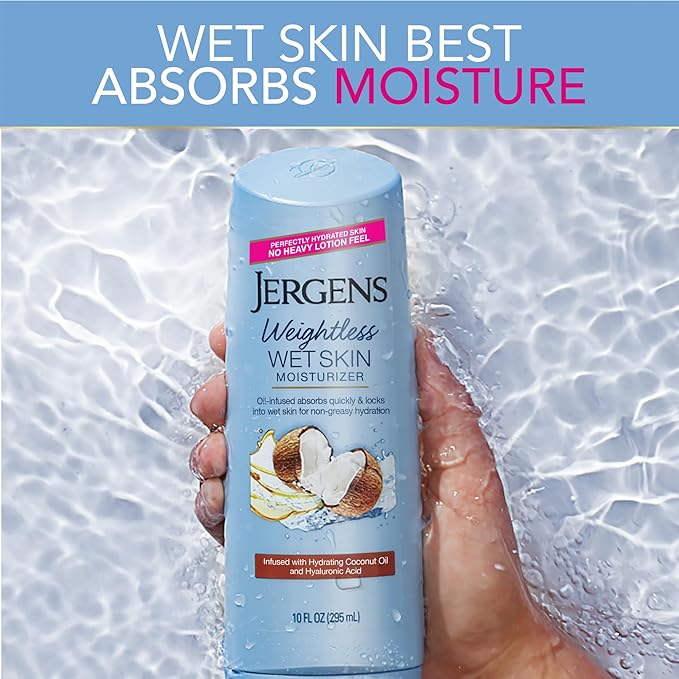 Jergens Wet Skin Body Lotion with Coconut Oil, In Shower Lotion for Dry Skin, Fast-Absorbing, Non-Sticky, Dermatologist Tested, 10 Ounce (Pack of 4)