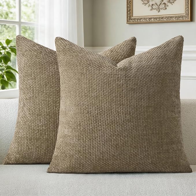 a moment Brown Chenille Throw Pillow Covers 20x20 Inch Pack of 2 Modern Decorative Throw Pillow Covers Farmhouse Cross Covers Home Decor for Sofa Bedroom Living Room