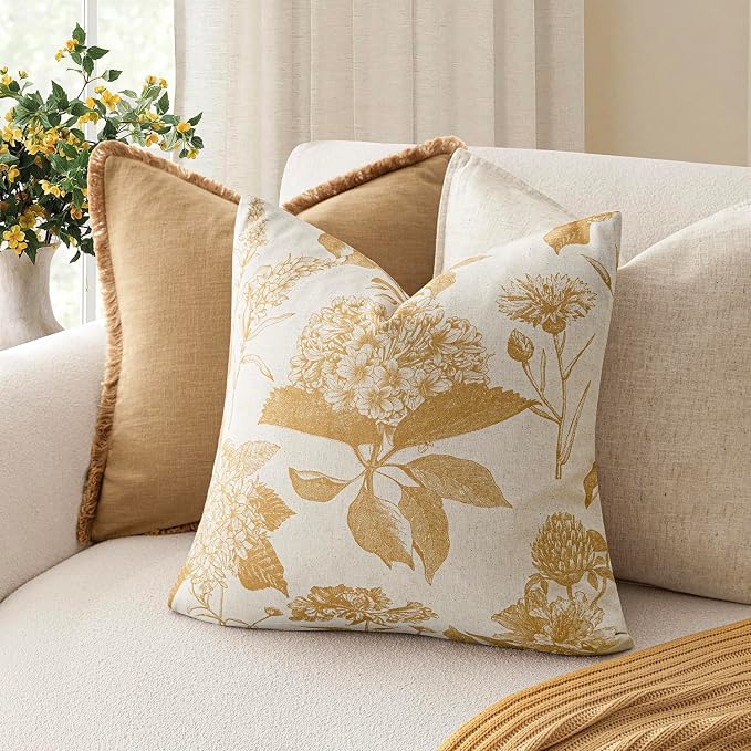 Foindtower Set of 2 Linen Floral Vintage Throw Pillow Covers Neutral Accent Print Decorative Cozy Cushion Covers Farmhouse Home Decor for Sofa Chair Couch Bed Living Room,18×18 Inch,Light Yellow