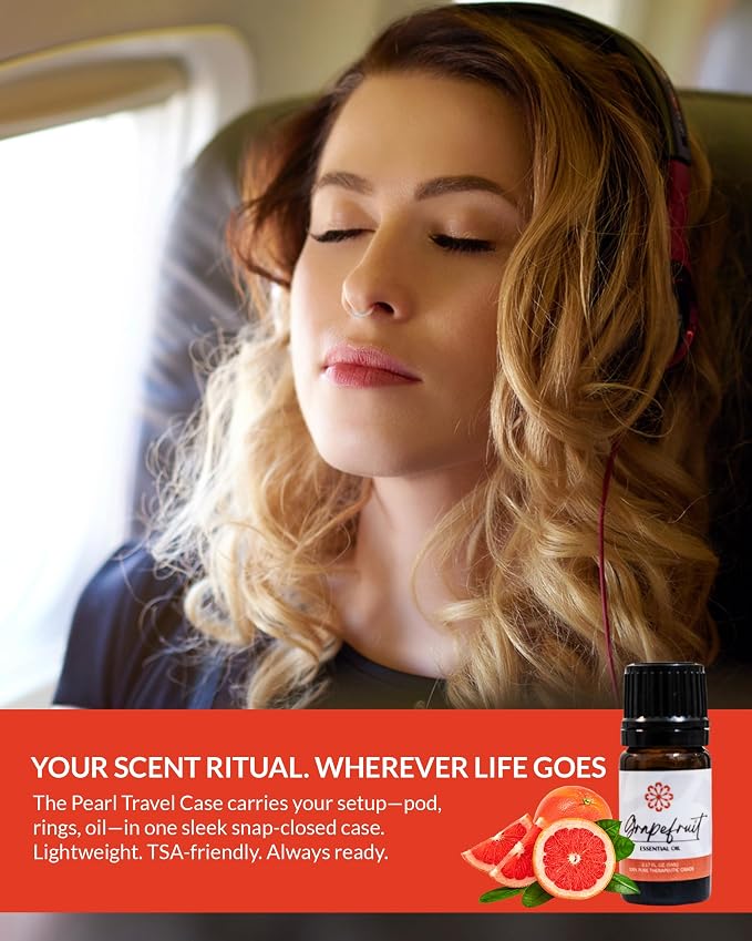 Essence Pearl Travel Case | Grapefruit Essential Oil | Aromatherapy Nasal Diffuser & Essential Oil Carrying Case | Uplifting Citrus Scent | Travel-Friendly Kit | White Pod