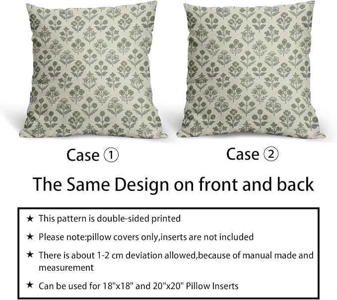 Green Grey Gray Floral Block Print Pillow Covers 18x18 Inch Set of 2, Vintage Flower Pattern Decorative Throw Pillowcases Outdoor Farmhouse Cushion Covers Spring Summer Rustic Sofa Couch Bed Decor