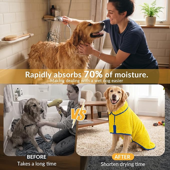 Bienbee Dog Bathrobe, Super Absorbent for Small to Large Dogs, Yellow S | Dog Robes with Soft Fleece, Warm & Cozy, Adjustable Fit, and Quick Drying Coat for Baths Swimming and Grooming