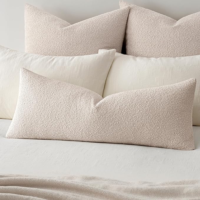 MIULEE Textured Boucle Lumbar Pillow Cover for Bed 14x36 Beige | Pack of 1 Textured Neutral Couch Throw Pillow Cover, Accent Solid Long Body Pillowcase, Sofa Living Room Home Decor